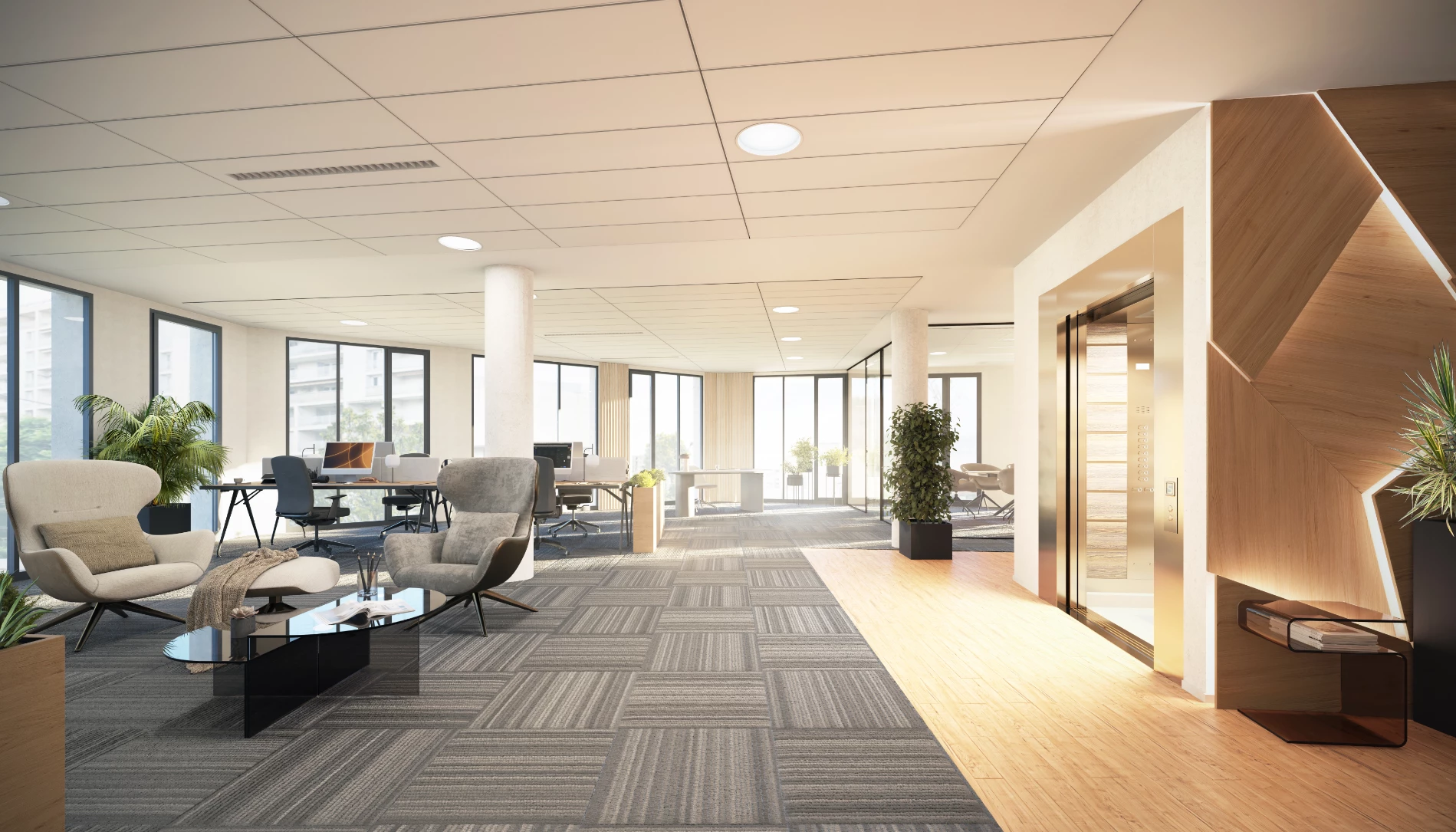 perspective 3d interieure immobilier tertiaire vue bureau atelier fau